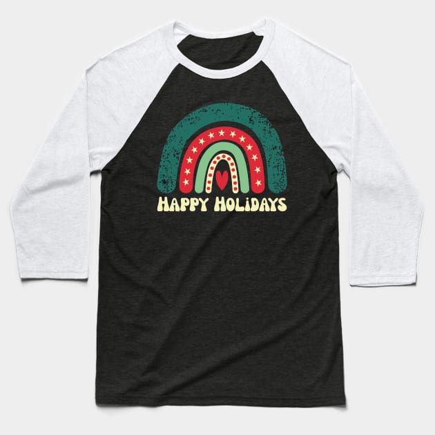 Happy Holidays Christmas Rainbow Baseball T-Shirt by Nice Surprise